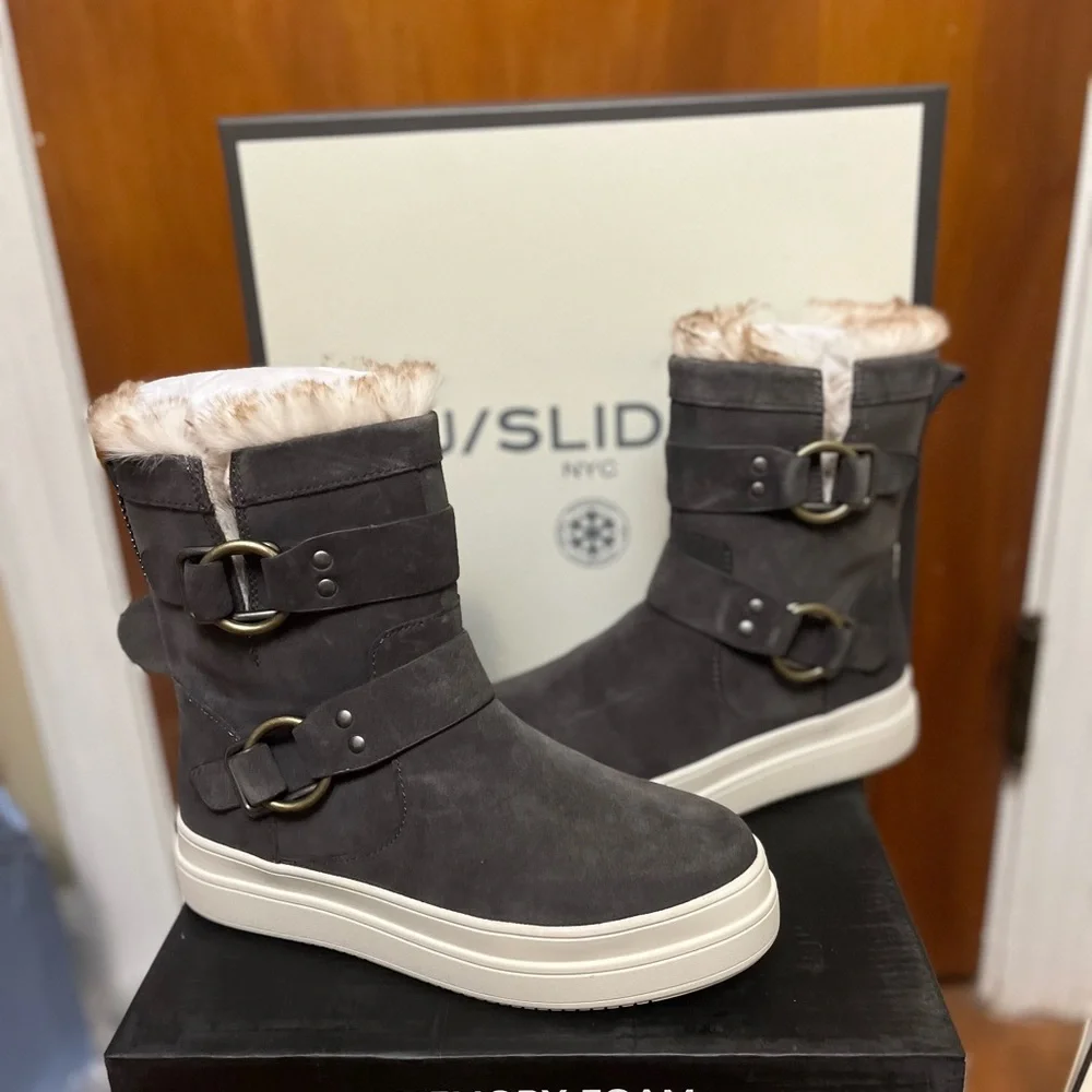 🆕. J/SLIDES women's Nelly dark grey waterproof suede platform faux fur boot… 7